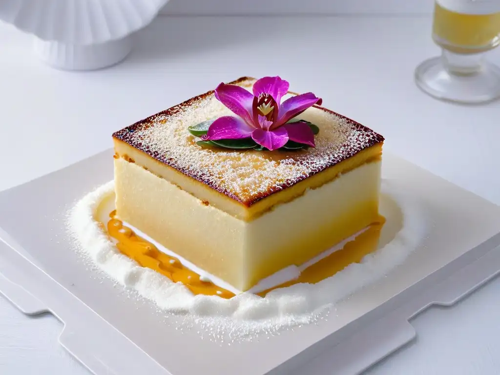 Un exquisito pastel de yuca dorado con coco rallado y una orquídea morada