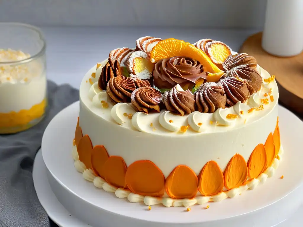 Un exquisito pastel de zanahoria sin azúcar, decorado con crema de queso y ralladura de naranja