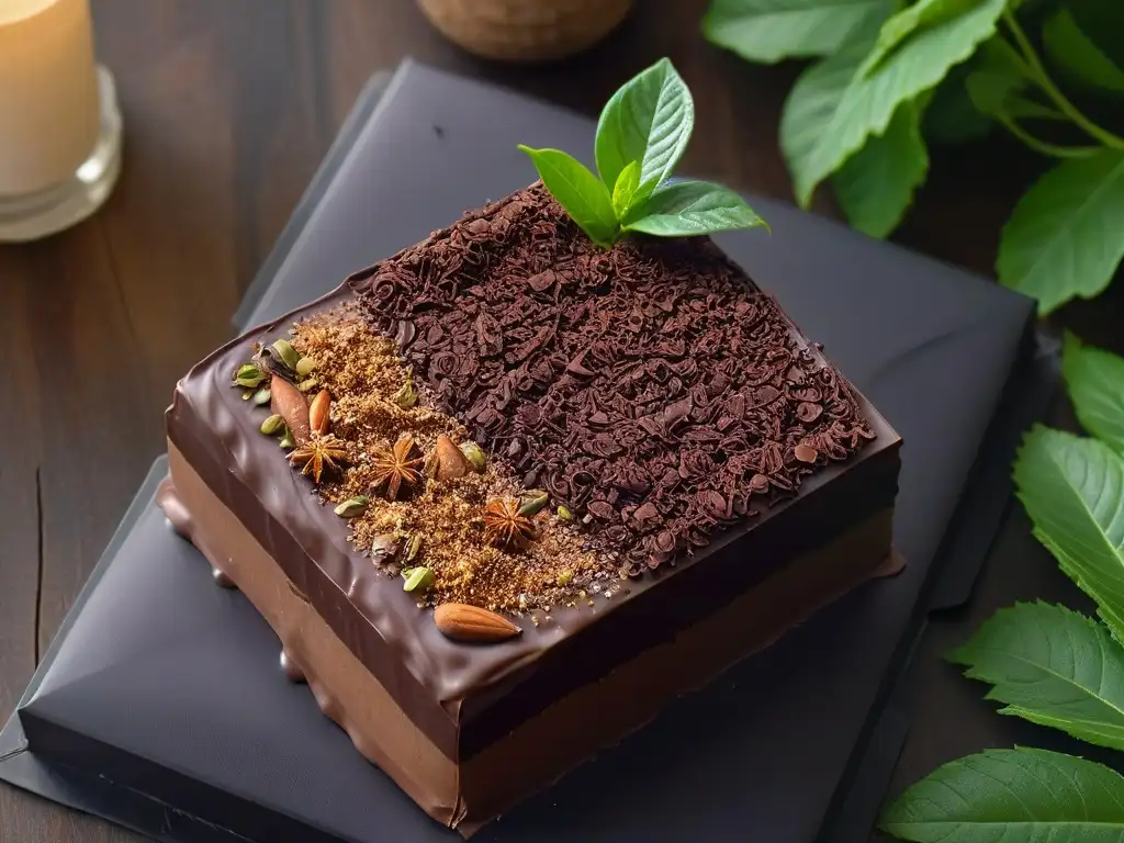 Un exquisito patio de cacao con barras de chocolate negro vegano, resaltando sus beneficios