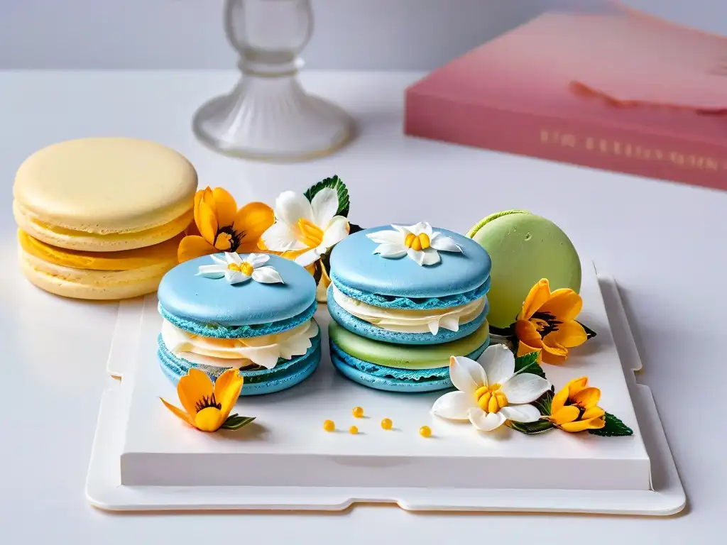 Exquisito macaron pintado a mano con diseños florales detallados, fusionando arte y repostería en la tendencia de pintura comestible