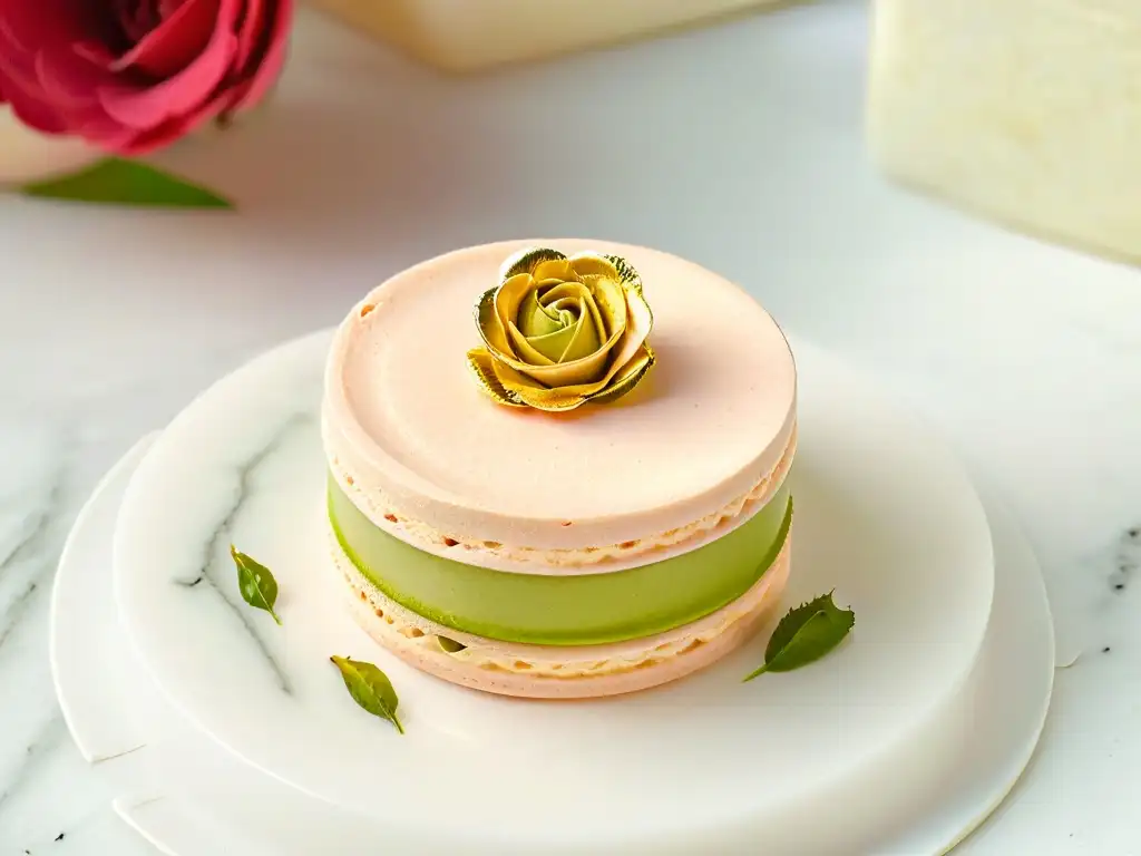 Exquisito macaron de rosa con pistacho y oro comestible Exquisito macaron rosa con pistacho, oro comestible y mármol