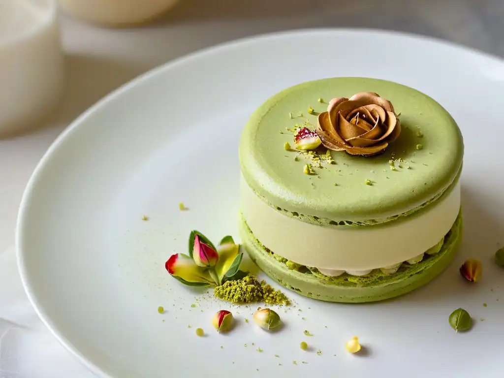 Exquisito macaron de pistacho con pistachos iraníes en repostería creativa