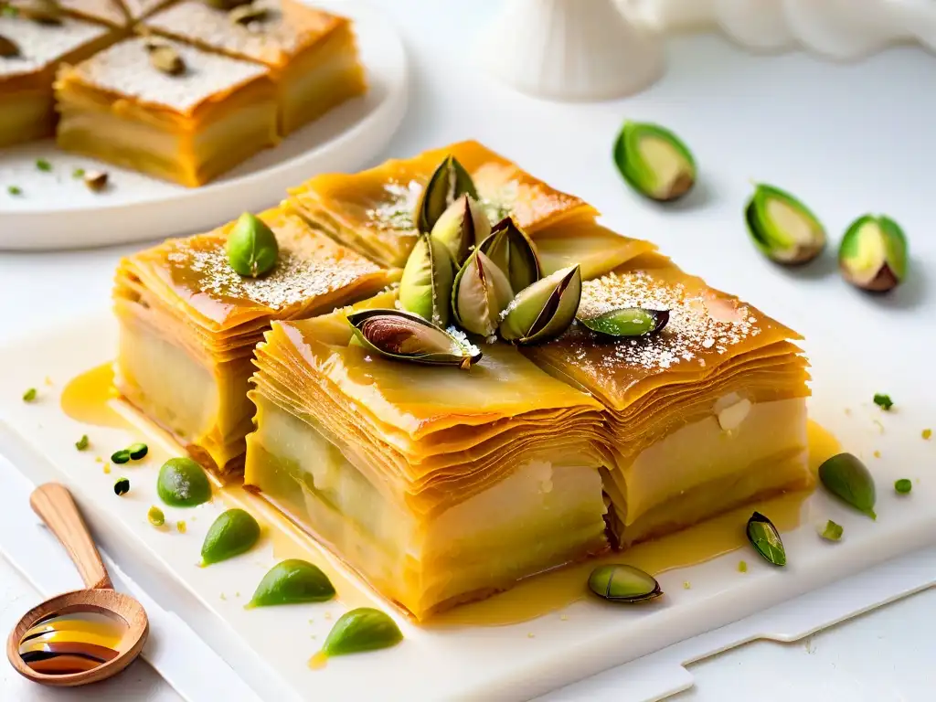 Un baklava exquisito con pistachos y miel dorada sobre mármol blanco