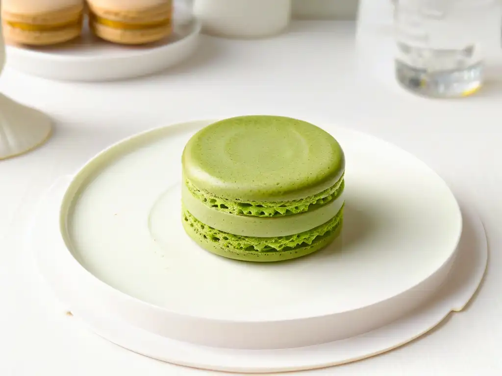 Exquisito macaron de té matcha en plato blanco elegante