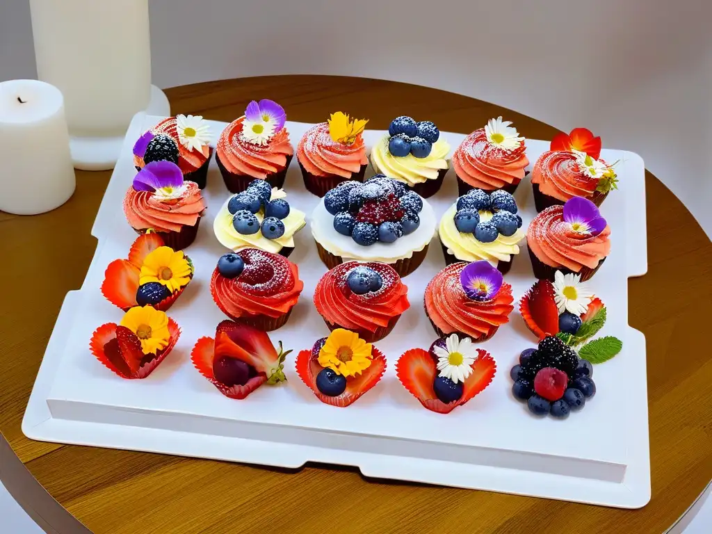 Un exquisito plato de cupcakes veganos coloridos adornados con flores comestibles, rodeados de bayas frescas