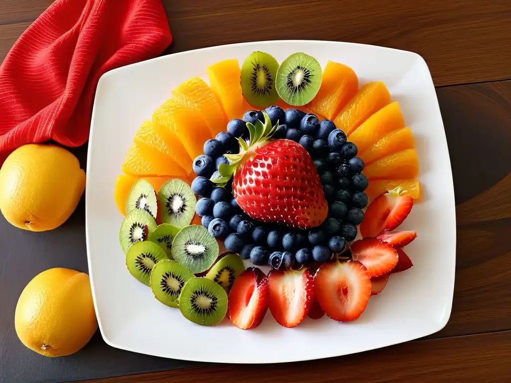 Un exquisito plato de frutas frescas con colores vibrantes y variedad de sabores, ideal para postres para diabéticos saludables