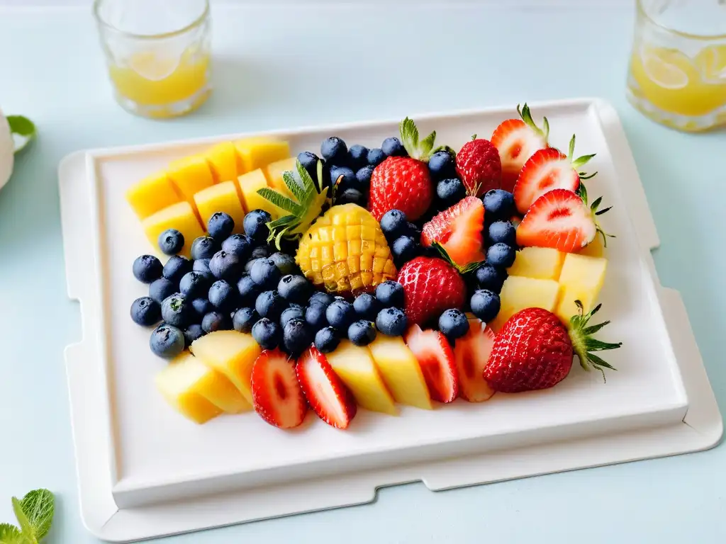 Un exquisito plato de frutas para el Día de las Madres: fresas, arándanos, mango y piña, decorado con hojas de menta y miel, en una cocina luminosa