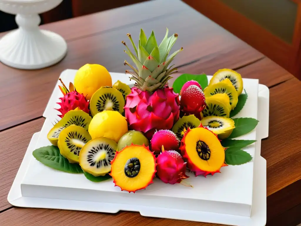 Un exquisito plato de frutas tropicales exóticas con presentación elegante