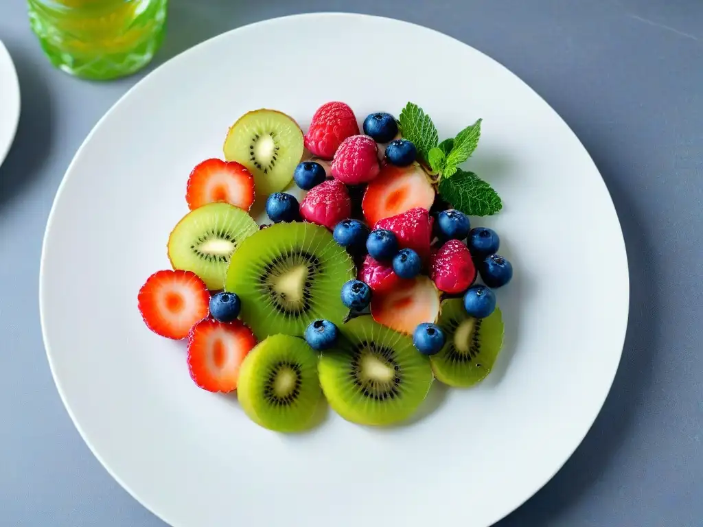 Un exquisito plato de frutas variadas y coloridas con kiwi, decorado con hojas de menta, sobre un plato blanco, en un fondo minimalista