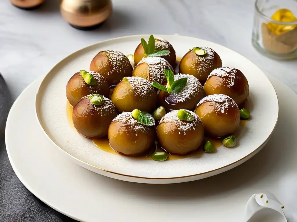 Un exquisito plato de Gulab Jamun dorados, bañados en almíbar y espolvoreados con pistachos triturados