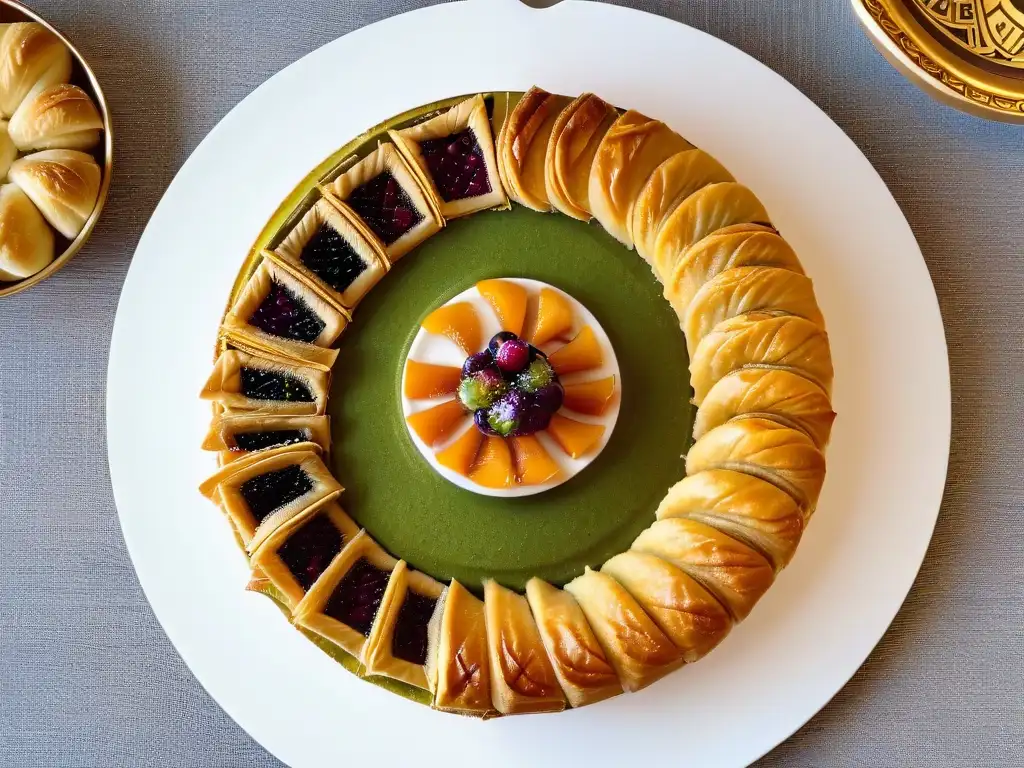 Un exquisito plato de postres árabes, con baklava, kunafa y ma'amoul, resaltando las influencias árabes en postres