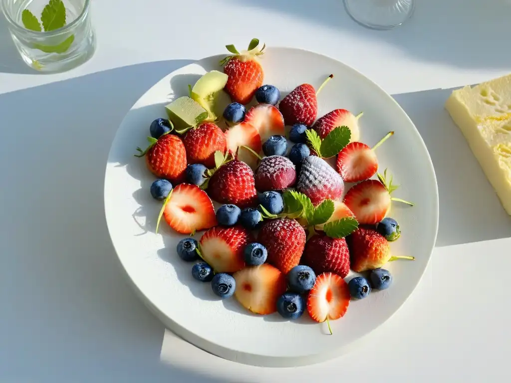 Un exquisito plato de postres de frutas evolución historia con fresas, kiwis y arándanos en un diseño geométrico