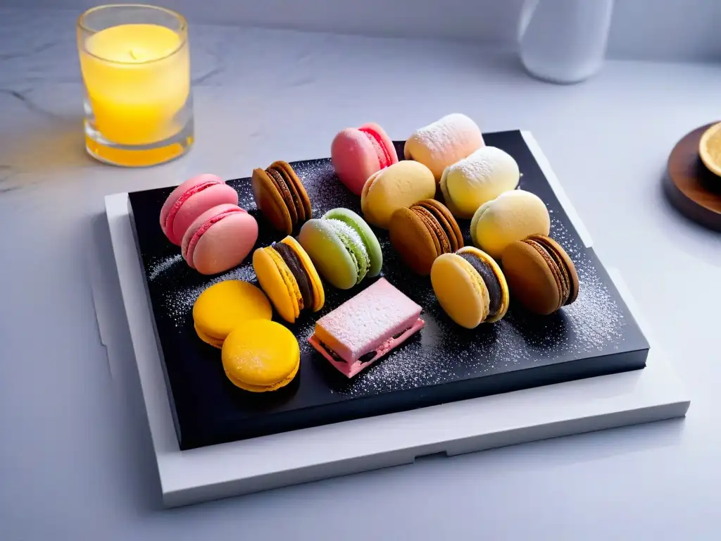 Un exquisito plato de postres fusionados de oriente y occidente: macarons franceses junto a mochis japoneses en armoniosa presentación