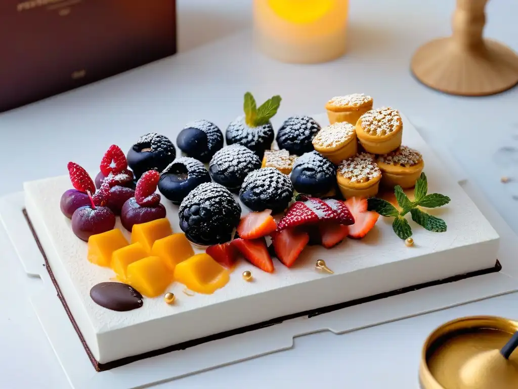 Un exquisito plato de postres de lujo con mini pasteles y chocolates, decorado con detalles artísticos y acompañado de bayas frescas y hojas de menta