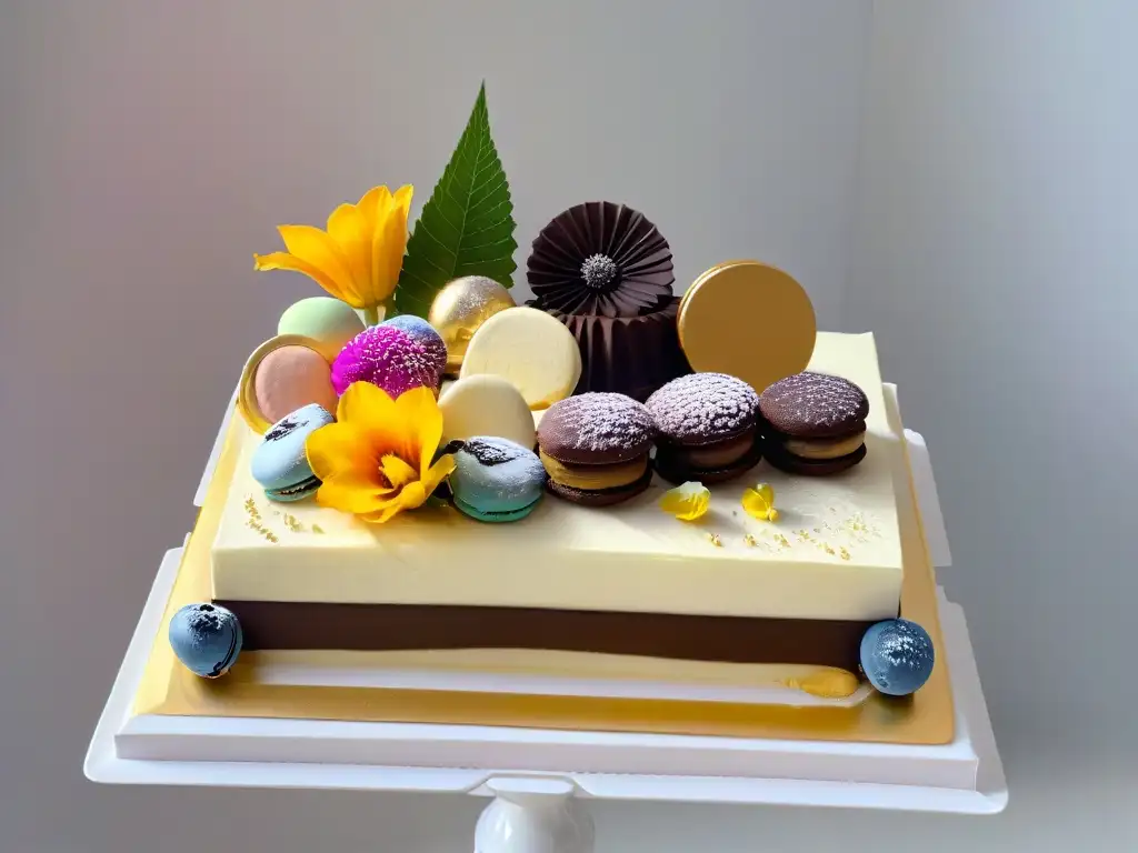 Un exquisito plato de postres de lujo sin gluten, con trufas de chocolate, macarons, opera cakes y tartaletas de frutas, presentados elegantemente