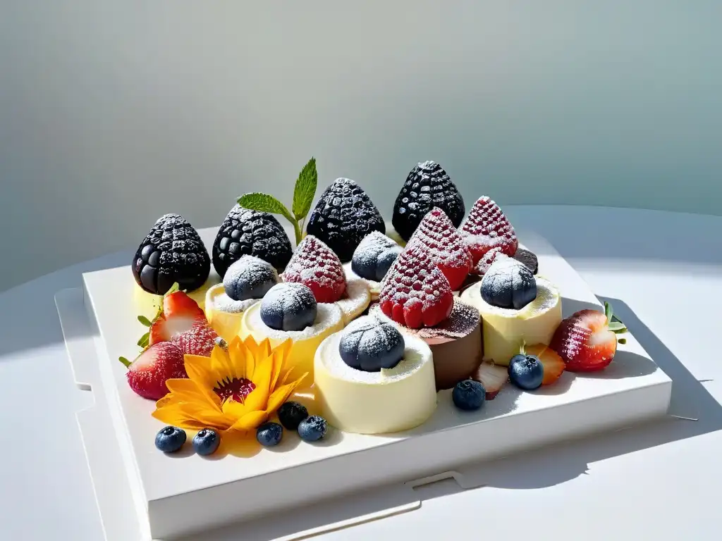 Un exquisito plato de postres multisensoriales sin azúcar, elegantes y coloridos, adornados con frutas frescas y flores comestibles