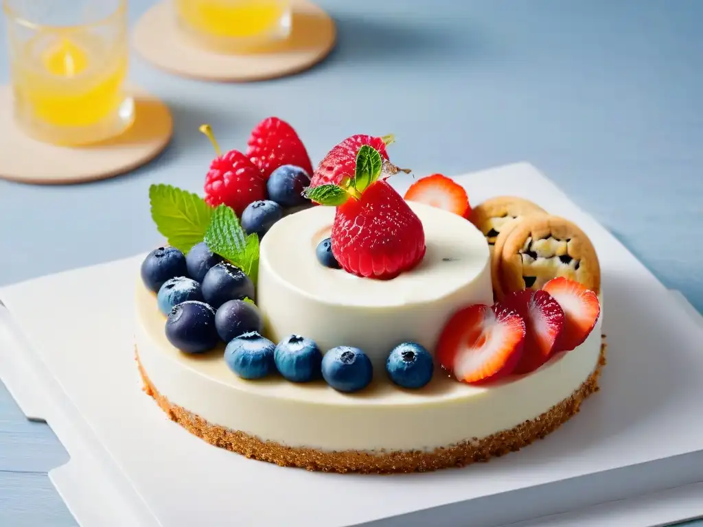 Un exquisito plato de postres de quinoa saludables con bayas frescas y hojas de menta