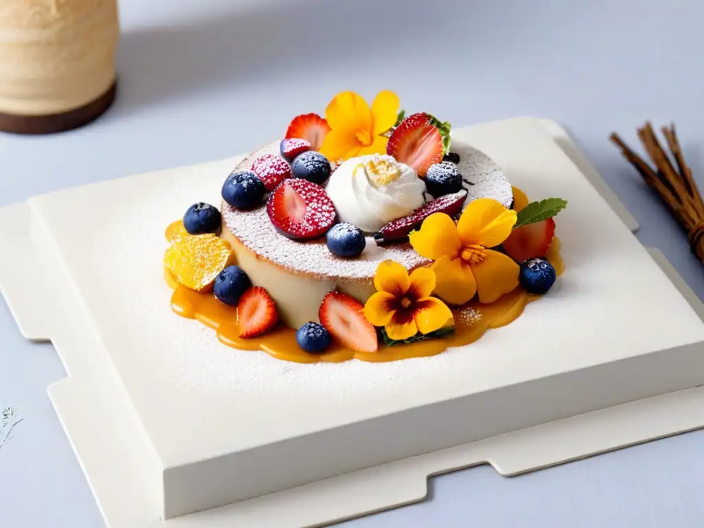 Un exquisito plato de postres tradicionales con ingredientes locales en una presentación moderna y colorida