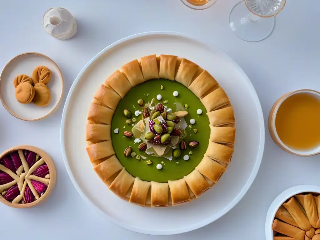 Un exquisito plato de postres tradicionales Eid Ramadán, decorados con pistachos, almendras y pétalos de rosa en una elegante presentación blanca