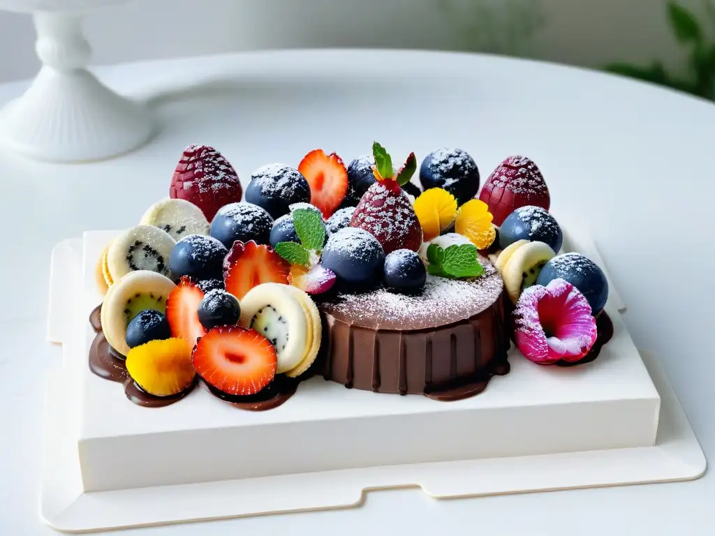 Un exquisito plato de postres veganos sin gluten, con tartaletas de frutas, trufas de chocolate y macarons de coco, decorados con elegancia