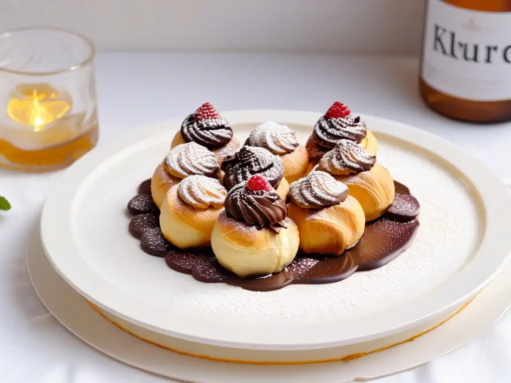 Un exquisito plato de profiteroles recién horneados, dorados y espolvoreados con azúcar glass, rellenos de ganache de chocolate