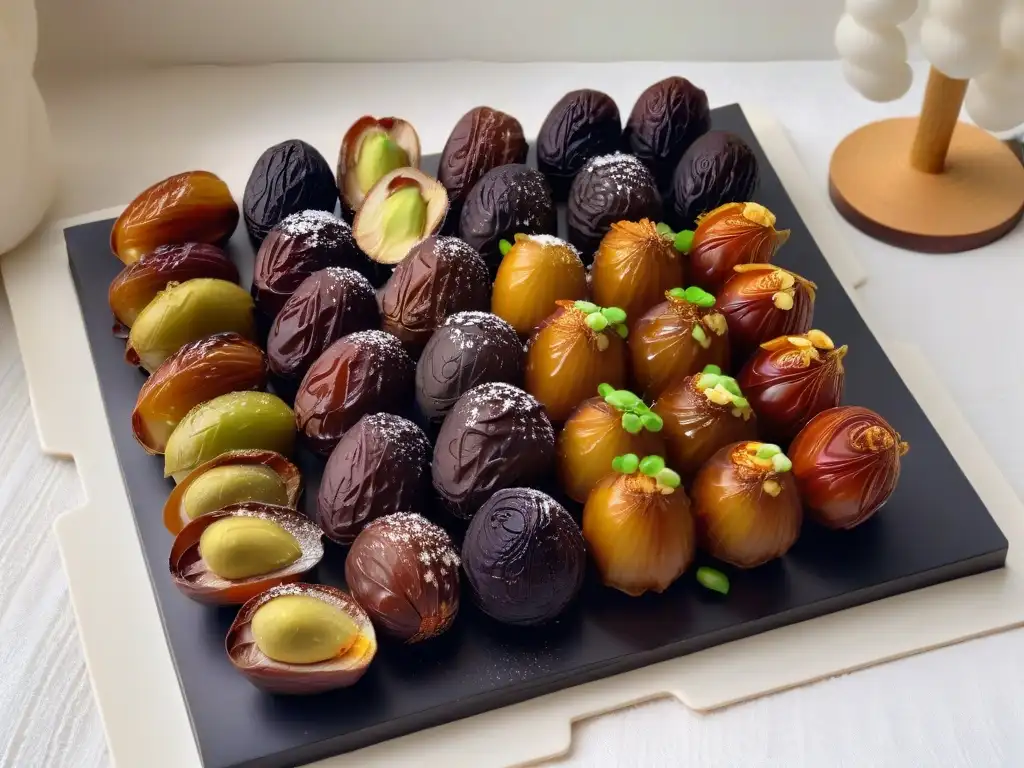 Un exquisito plato de dátiles rellenos con pistachos, coco y chocolate