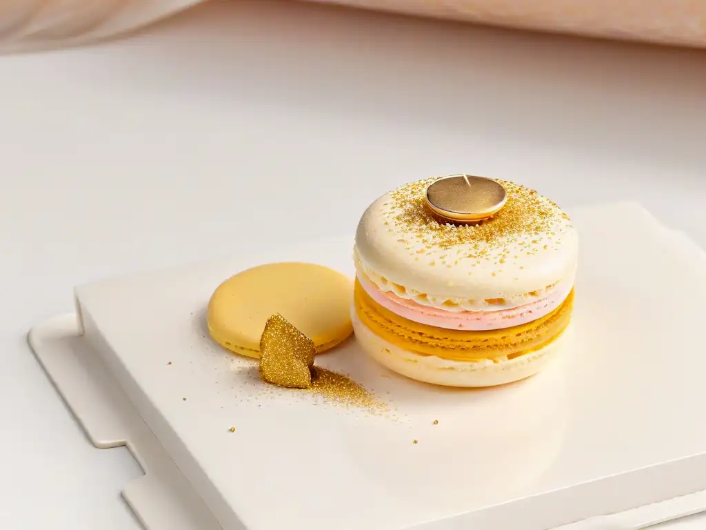 Exquisito macaron con polvo dorado sobre fondo blanco