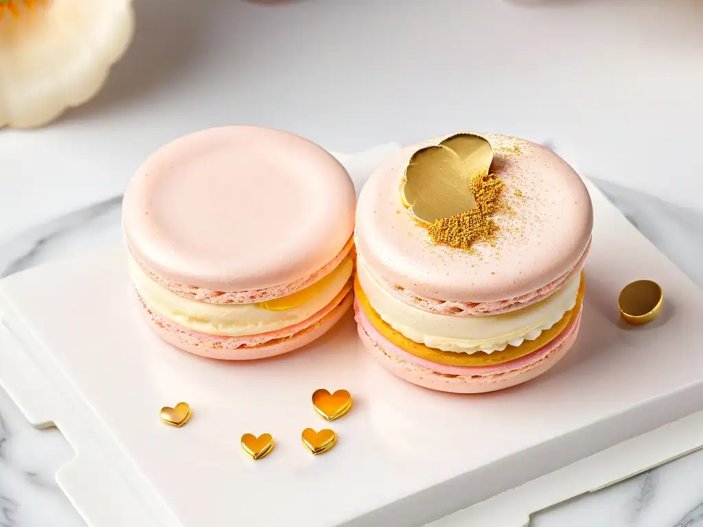 Exquisito macaron rosa con polvo de oro sobre mármol blanco