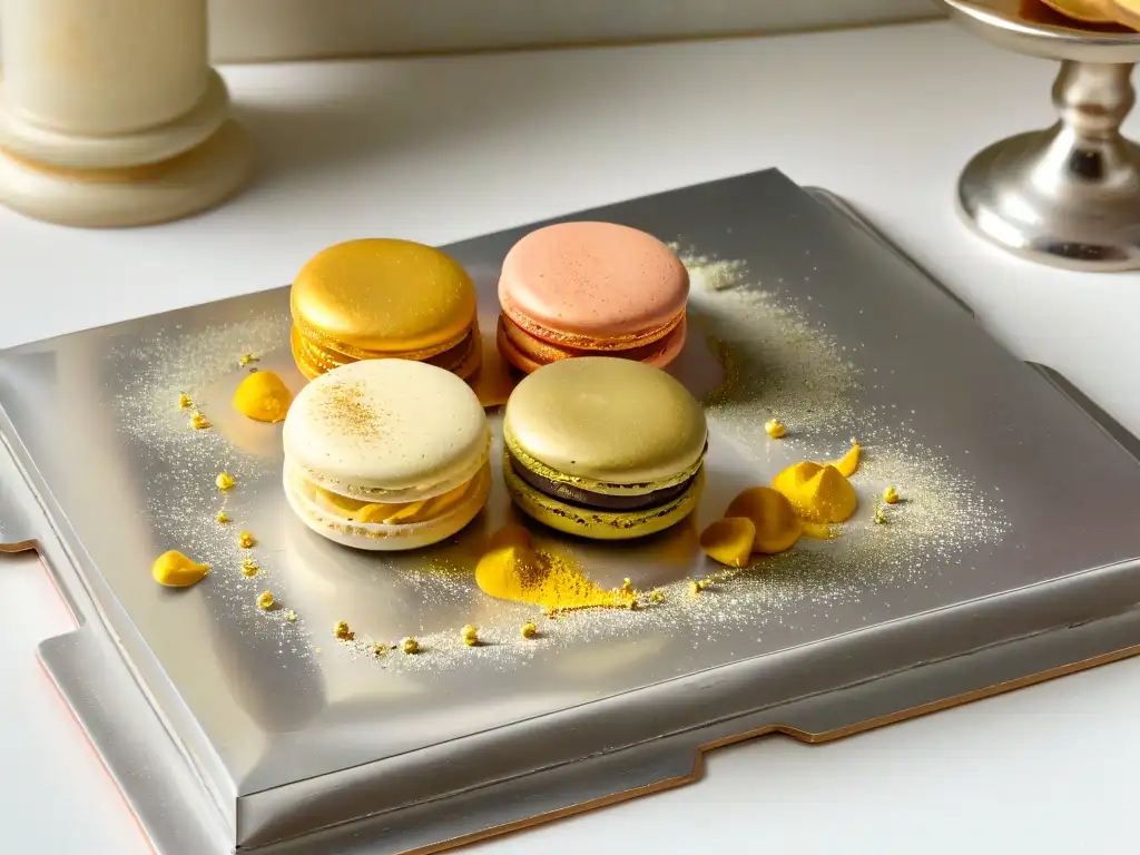 Un exquisito macaron con polvo de oro sobre plato de plata antiguo, fusionando repostería de la Segunda Guerra Mundial con modernidad