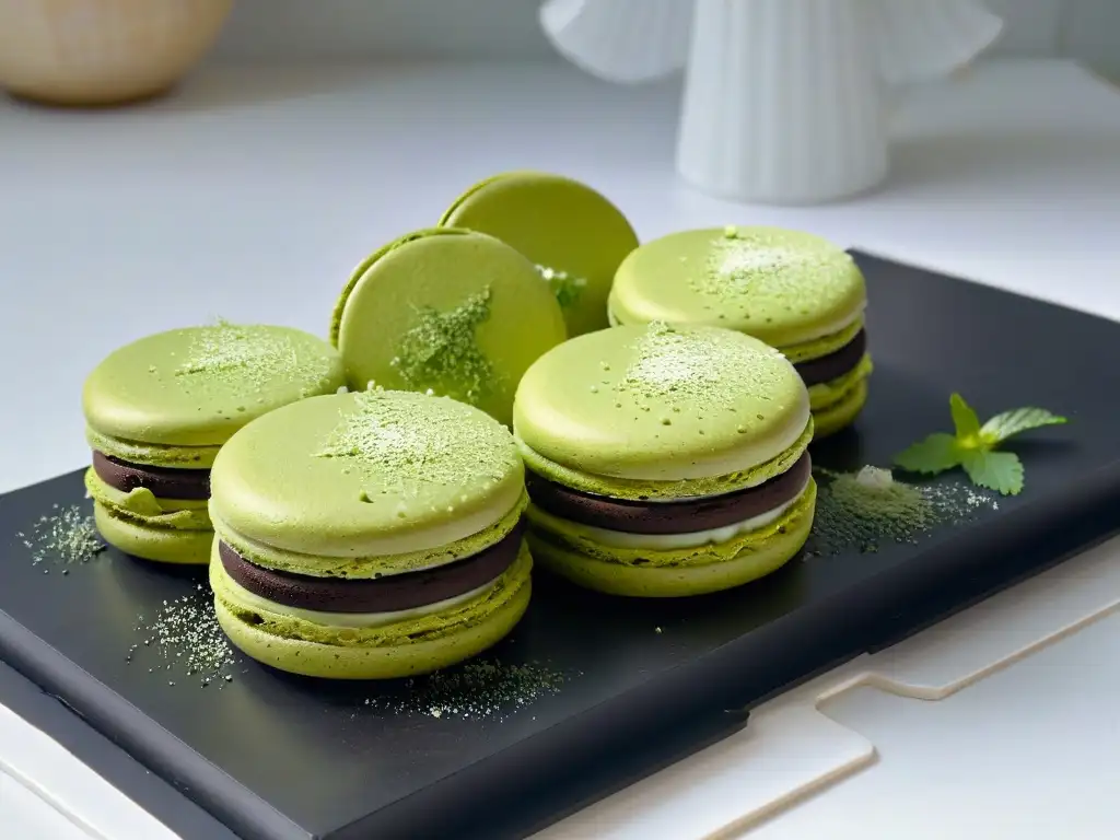 Exquisito macaron de té matcha con polvo verde, sobre plato negro mate