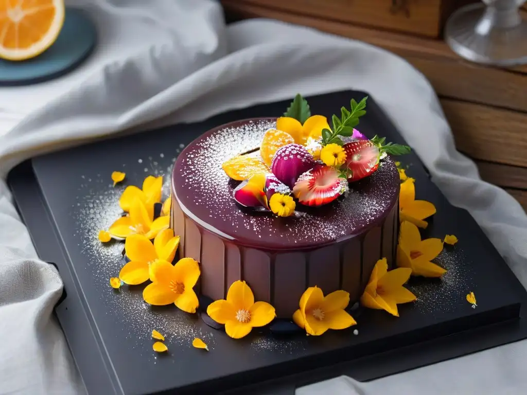 Exquisito postre africano vegano con frutas tropicales, miel dorada y flores comestibles en plato negro elegante