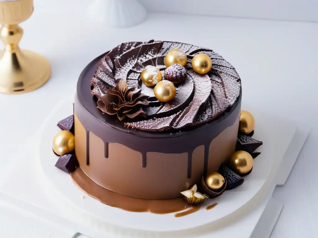 Delicioso postre de chocolate con detalles lujosos y elegantes Exquisito postre de alta gama decorativo con detalles de lujo en chocolate y oro