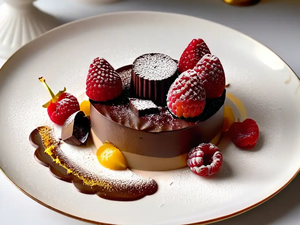 Exquisito postre de alta gama que despierta emociones: chocolate, oro comestible, frambuesas frescas y polvo de cacao en un elegante plato blanco