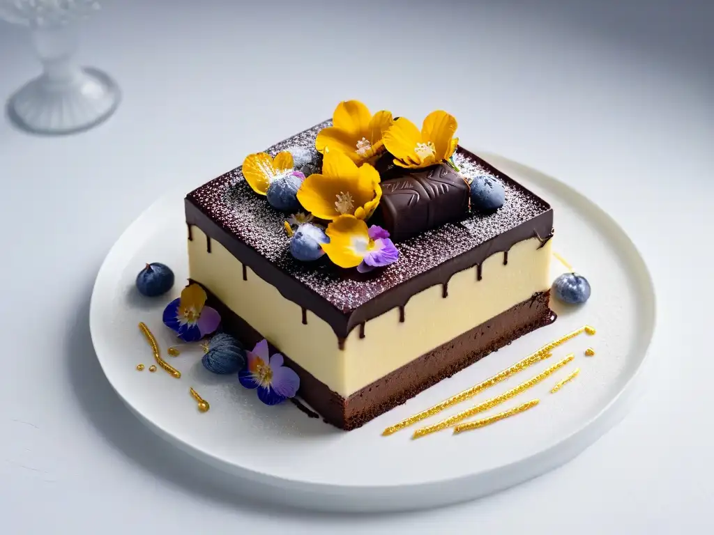 Un exquisito postre de alta gama económico: capas de bizcocho, ganache de chocolate y flores comestibles, en plato blanco con toques dorados