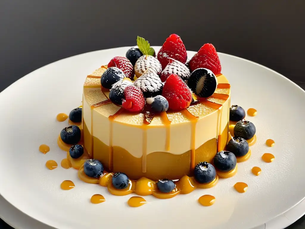 Exquisito postre de arte culinario con endulzantes naturales y texturas delicadas