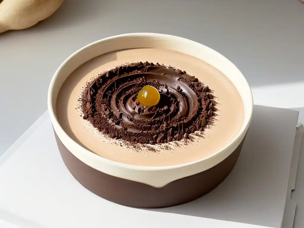 Un exquisito postre con ashwagandha saludable: tazón blanco de cerámica lleno de mousse de chocolate cremoso y sedoso