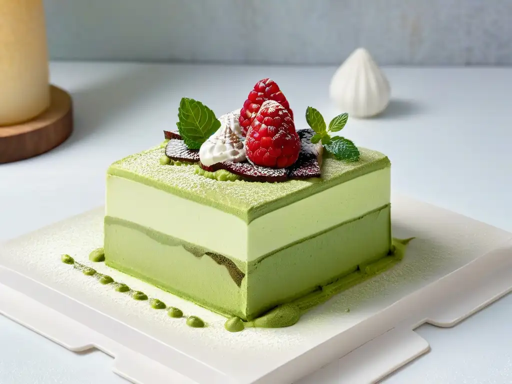 Exquisito postre asiático para Occidente: tiramisú de matcha con capas de crema y esponjoso bizcocho, decorado con frambuesa y menta fresca