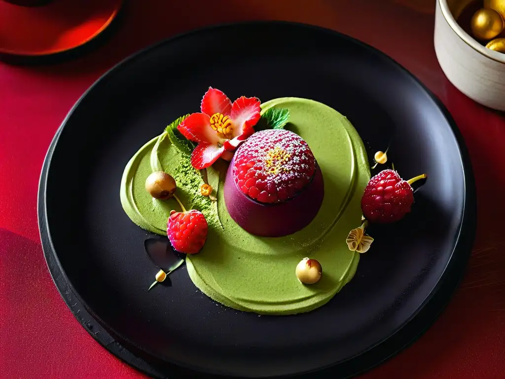 Un exquisito postre asiático de tendencia global: mousse de té verde matcha con lámina de oro, frambuesas y lichis en un plato negro elegante