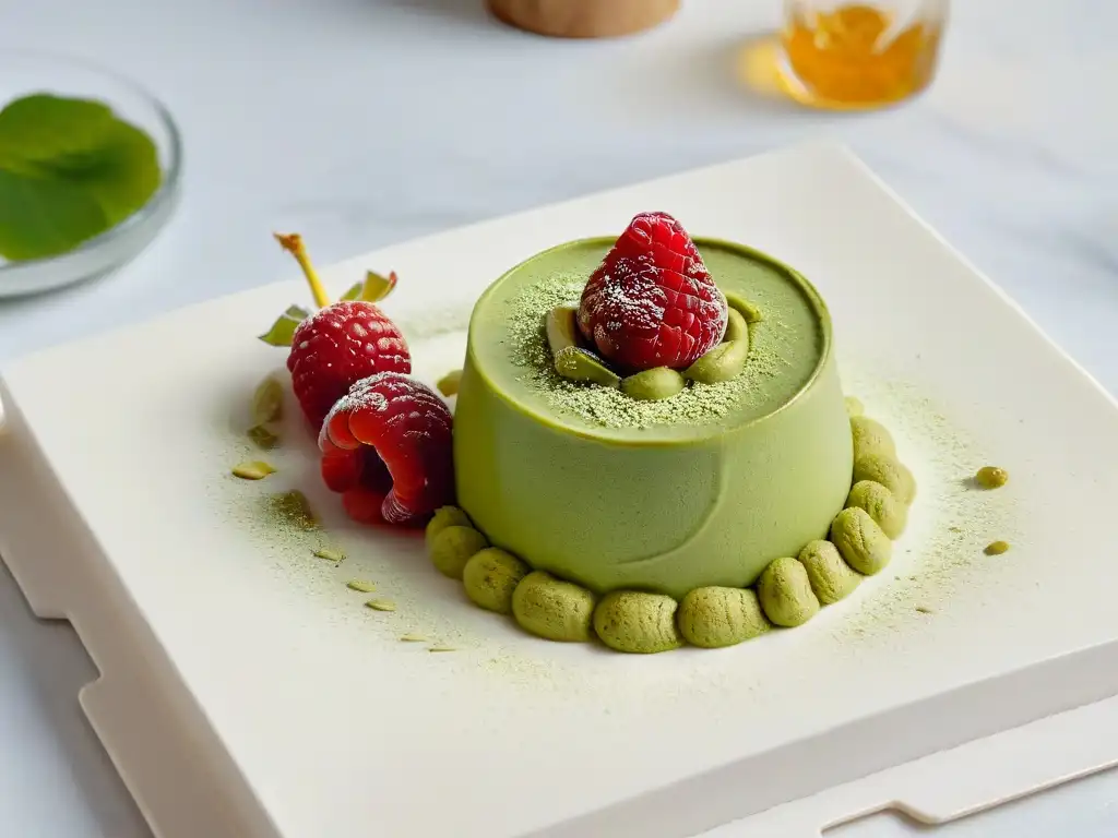 Exquisito postre asiático: mousse de té verde matcha con frambuesa, miel y polvo de matcha en plato blanco sobre encimera de mármol