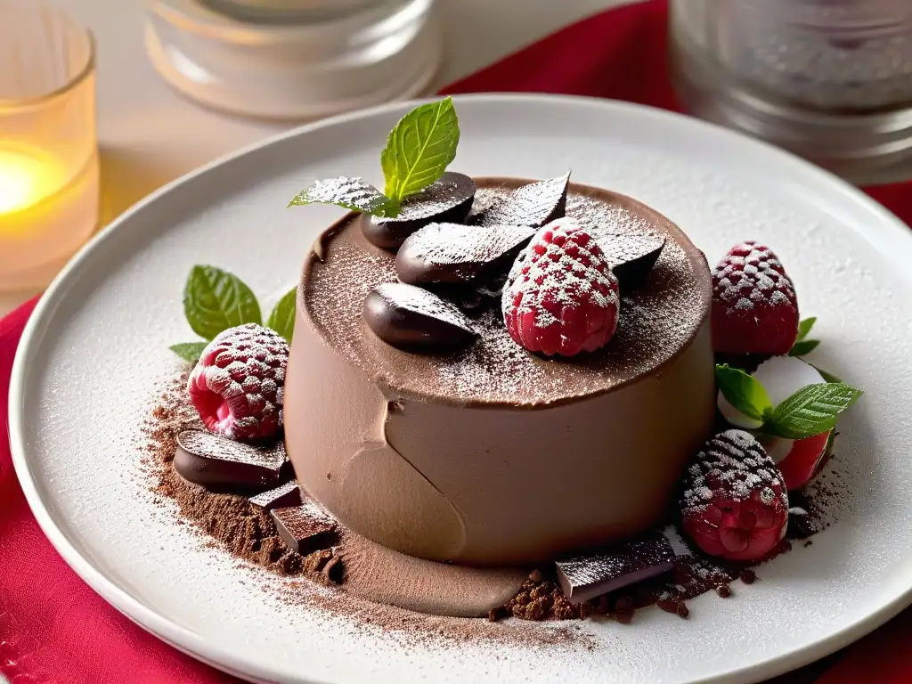 Un exquisito postre sin azúcar para diabéticos: mousse de aguacate y chocolate con frambuesas frescas y hojas de menta