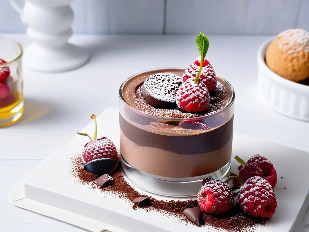 Un exquisito postre bajo en grasa: mousse de chocolate con frambuesas frescas y cacao