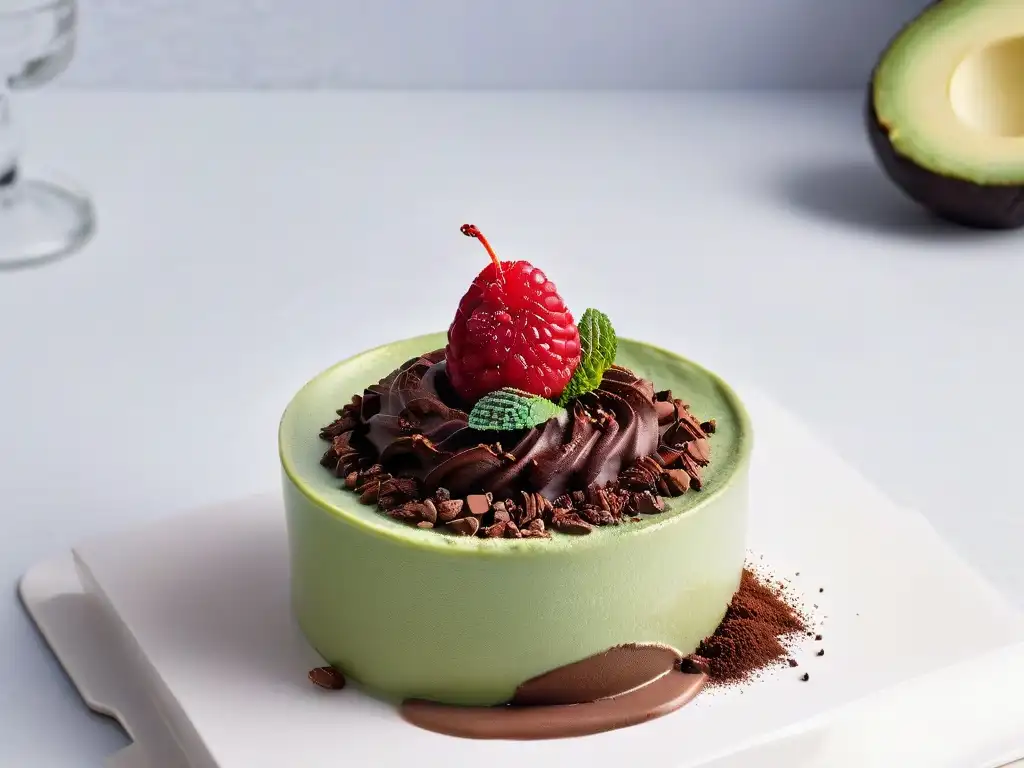 Un exquisito postre bajo en grasas: mousse de chocolate y aguacate en copa de cristal, decorado con cacao, frambuesa y menta