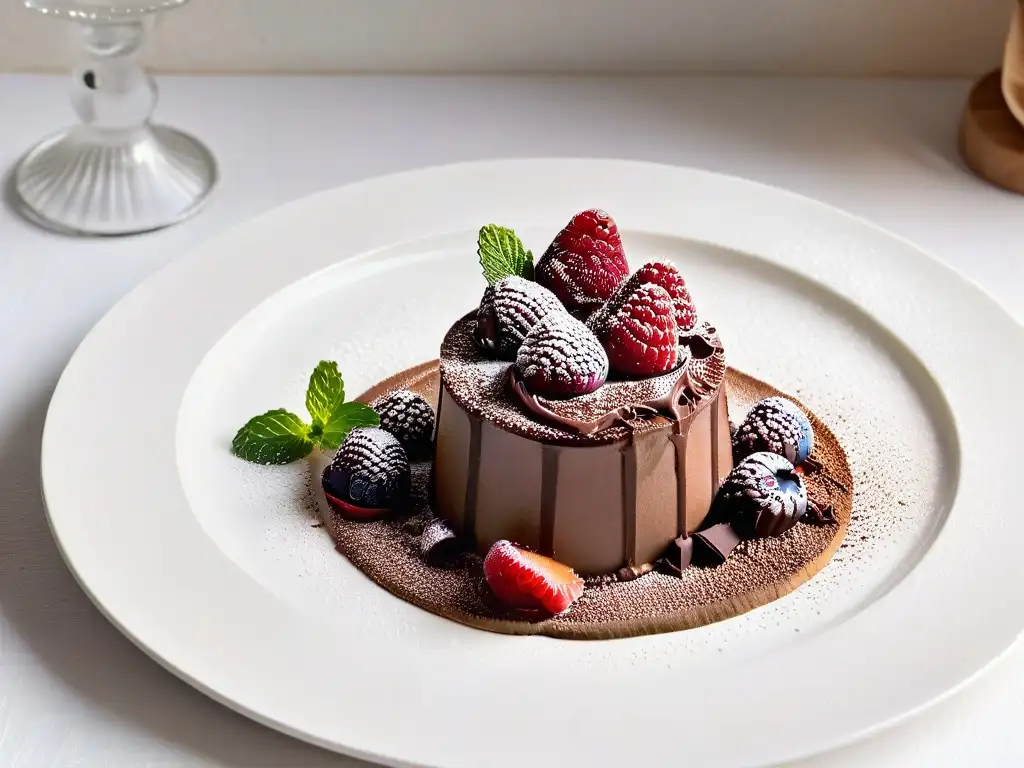 Un exquisito postre sin azúcar: capas de mousse de chocolate con frambuesas y hojas de menta, decorado con cacao
