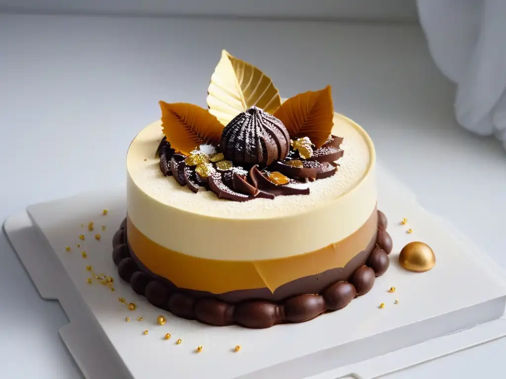 Exquisita obra de arte: postre de chocolate, caramelo y oro Exquisito postre con capas de ganache, caramelo y hojas de oro
