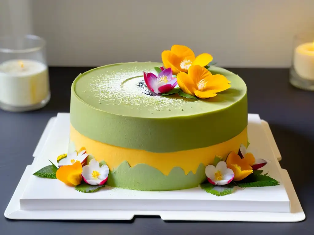 Un exquisito postre de fusión latinoasiática con capas de mango, arroz pegajoso de coco y pastel de té verde matcha, adornado con flores comestibles y láminas de oro, presentado elegantemente en un plato blanco sobre un fondo minimalista