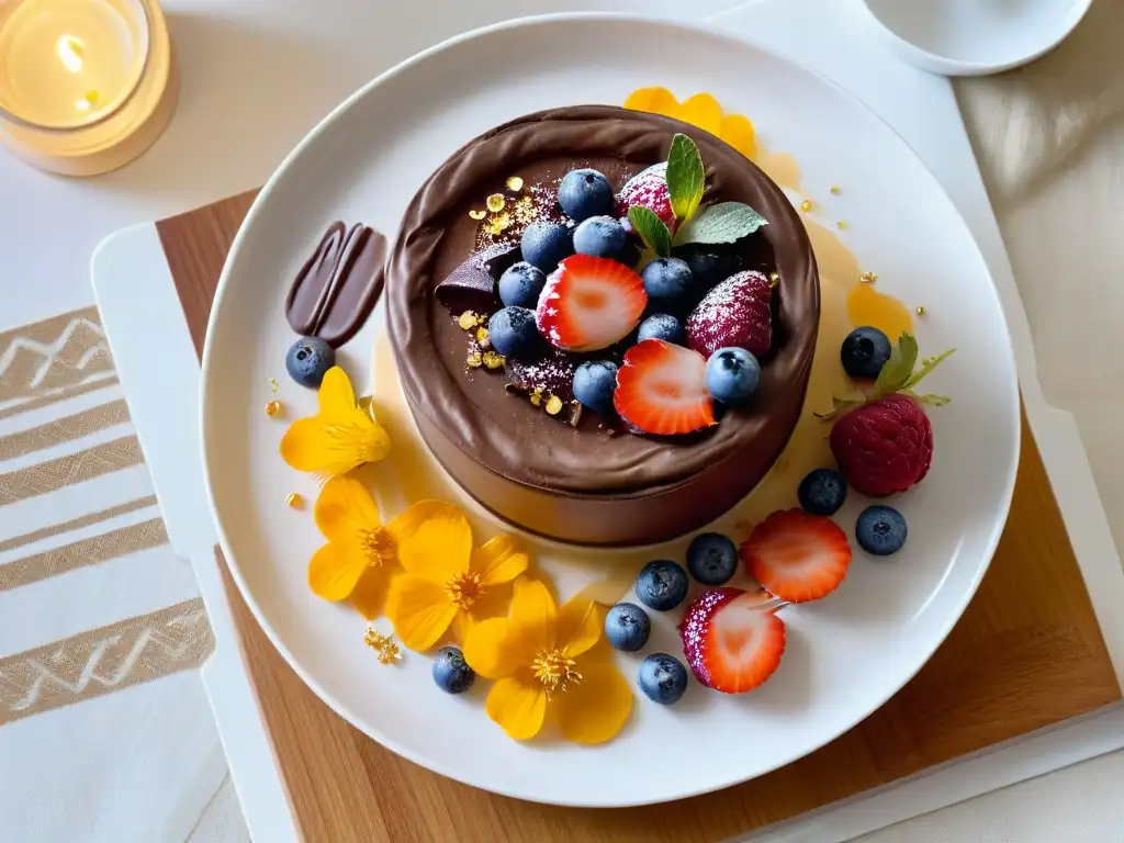 Exquisito postre casero con hospitalidad africana: mousse de chocolate, oro, frutas y flores en plato minimalista blanco