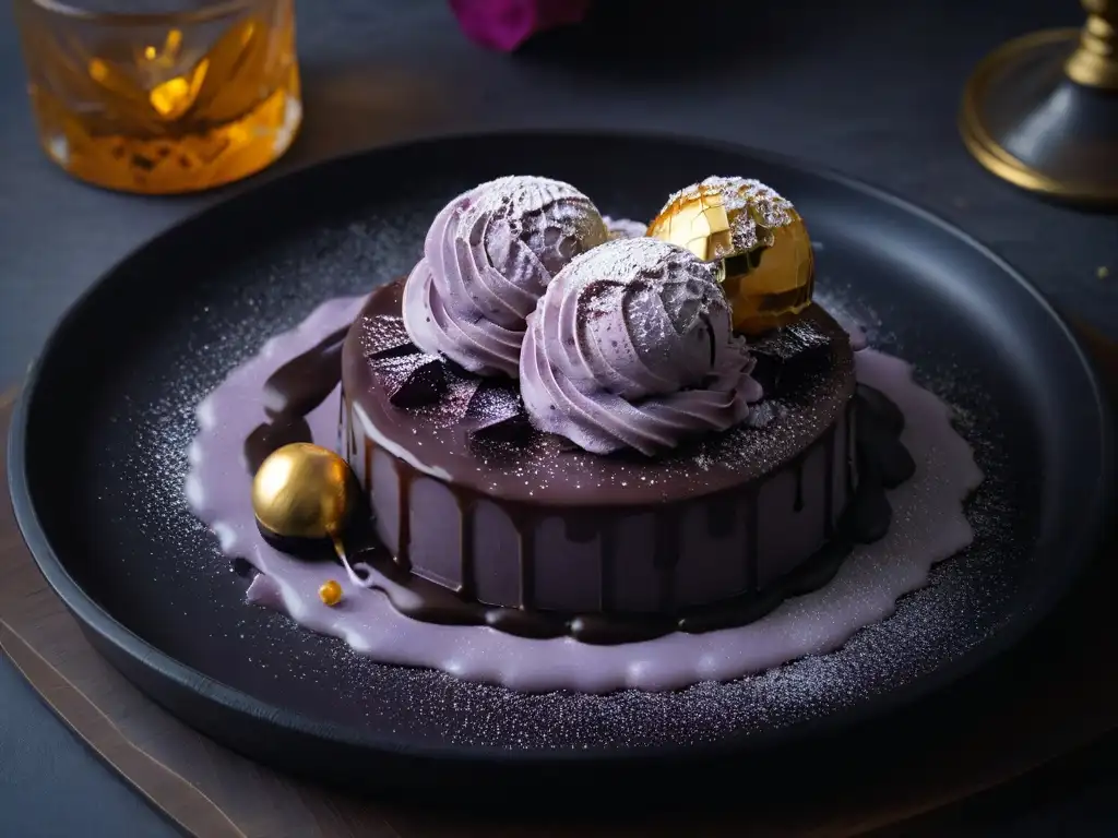 Exquisito postre para cenas de empresa con helado de ube morado y hoja de menta sobre plato negro brillante