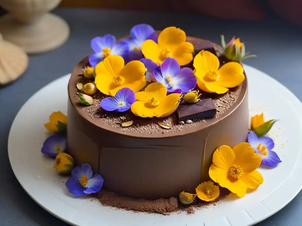 Un exquisito postre de mousse de chocolate con acabado brillante y hojas de oro, rodeado de flores comestibles vibrantes