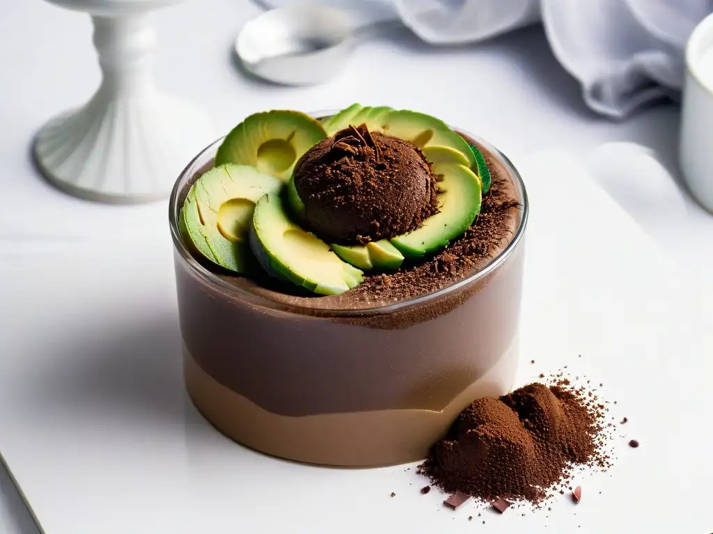 Un exquisito postre sin azúcar: mousse de chocolate y aguacate en copa moderna y elegante