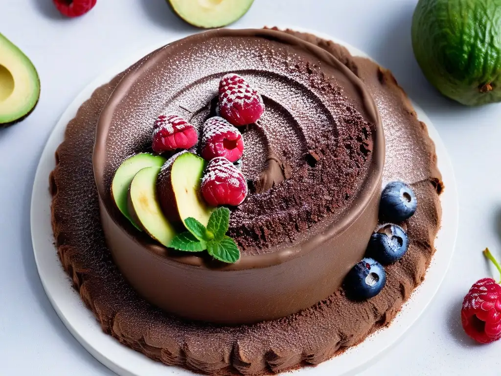 Un exquisito postre paleo: mousse de chocolate y aguacate con frambuesas frescas y menta, elegante y saludable